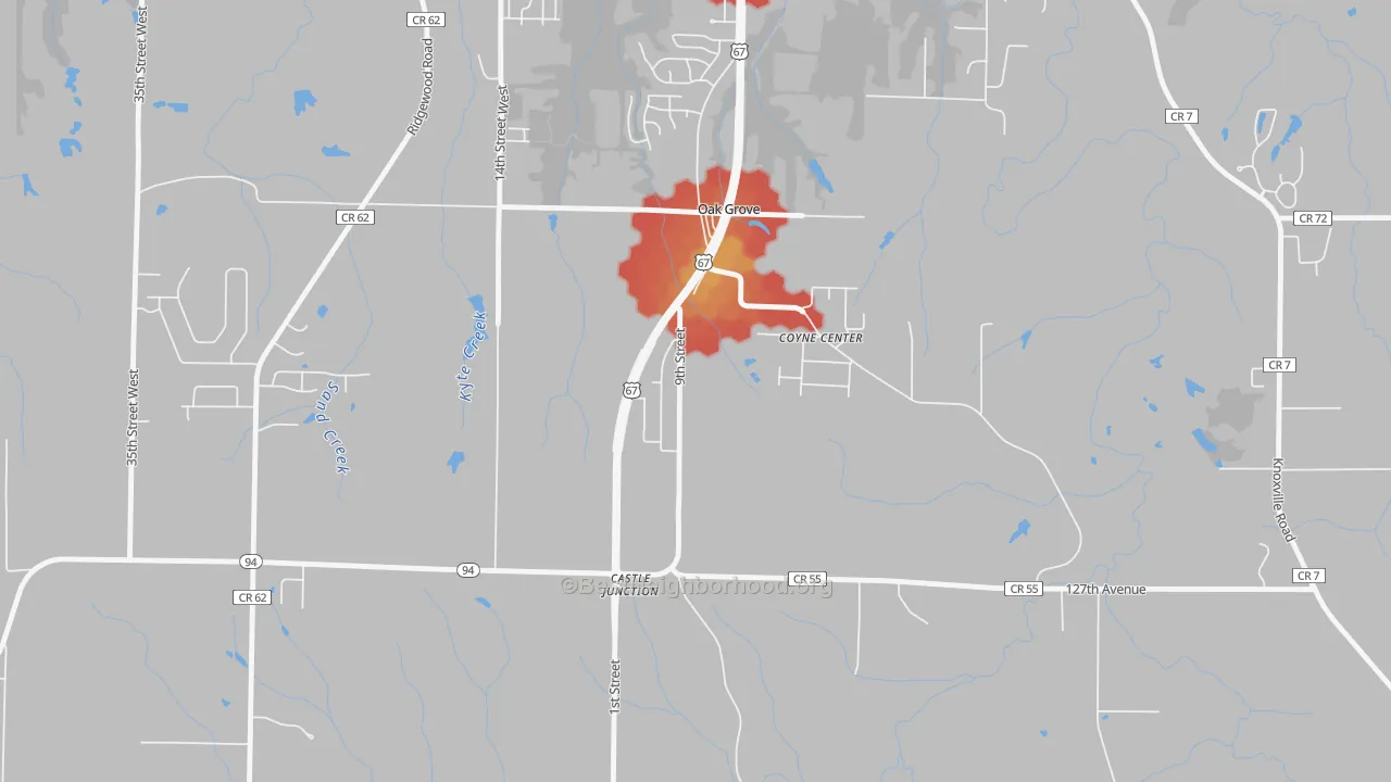 Walk Grade map of Oak Grove, IL, walkable areas in green and car-dependent areas in red