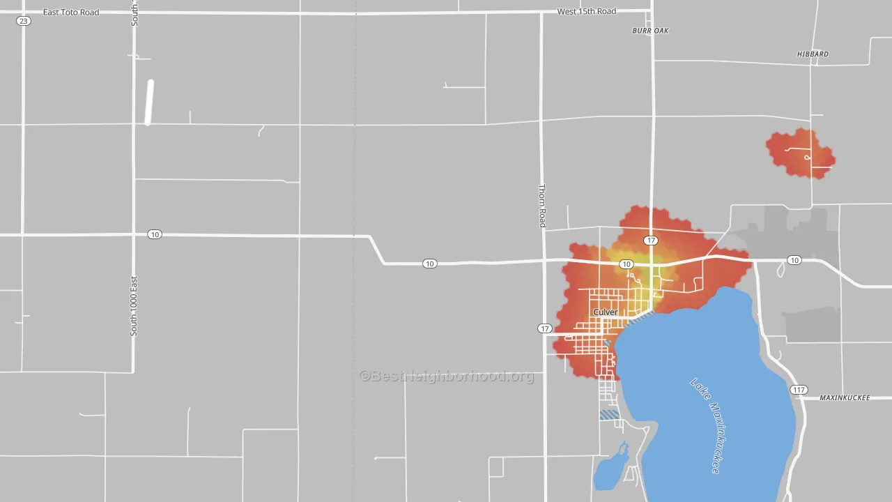 Walk Grade map of Oak Grove, IN, walkable areas in green and car-dependent areas in red
