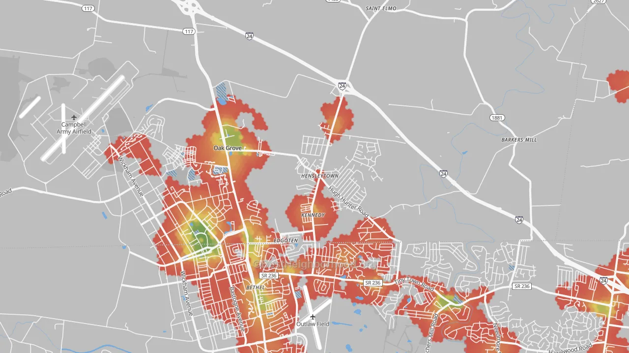 Walk Grade map of Oak Grove, KY, walkable areas in green and car-dependent areas in red