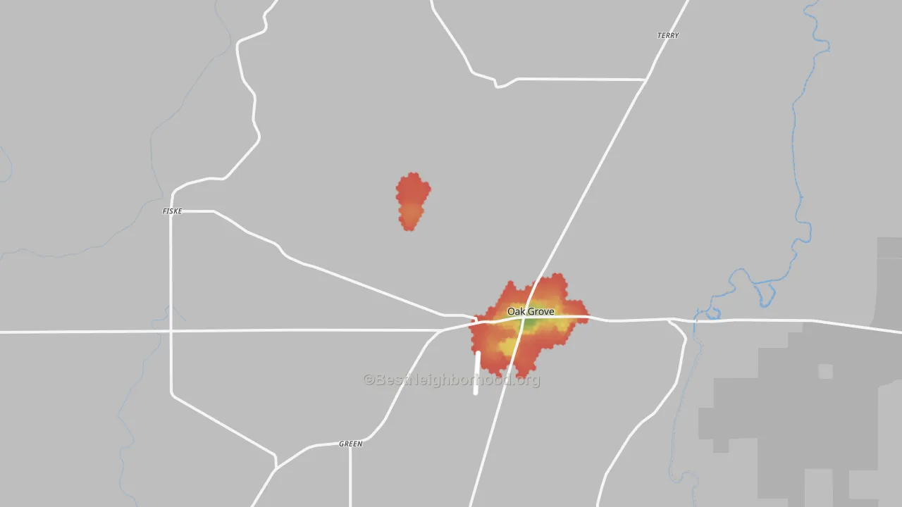 Walk Grade map of Oak Grove, LA, walkable areas in green and car-dependent areas in red