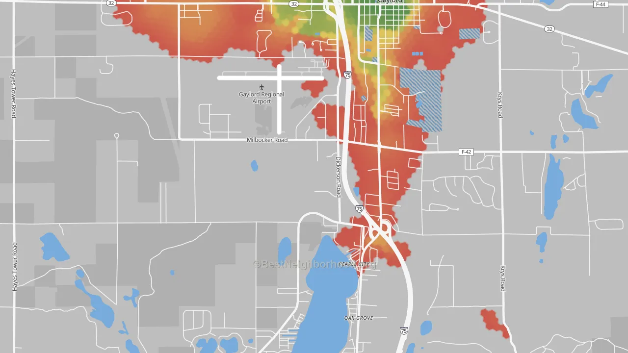 Walk Grade map of Oak Grove, MI, walkable areas in green and car-dependent areas in red