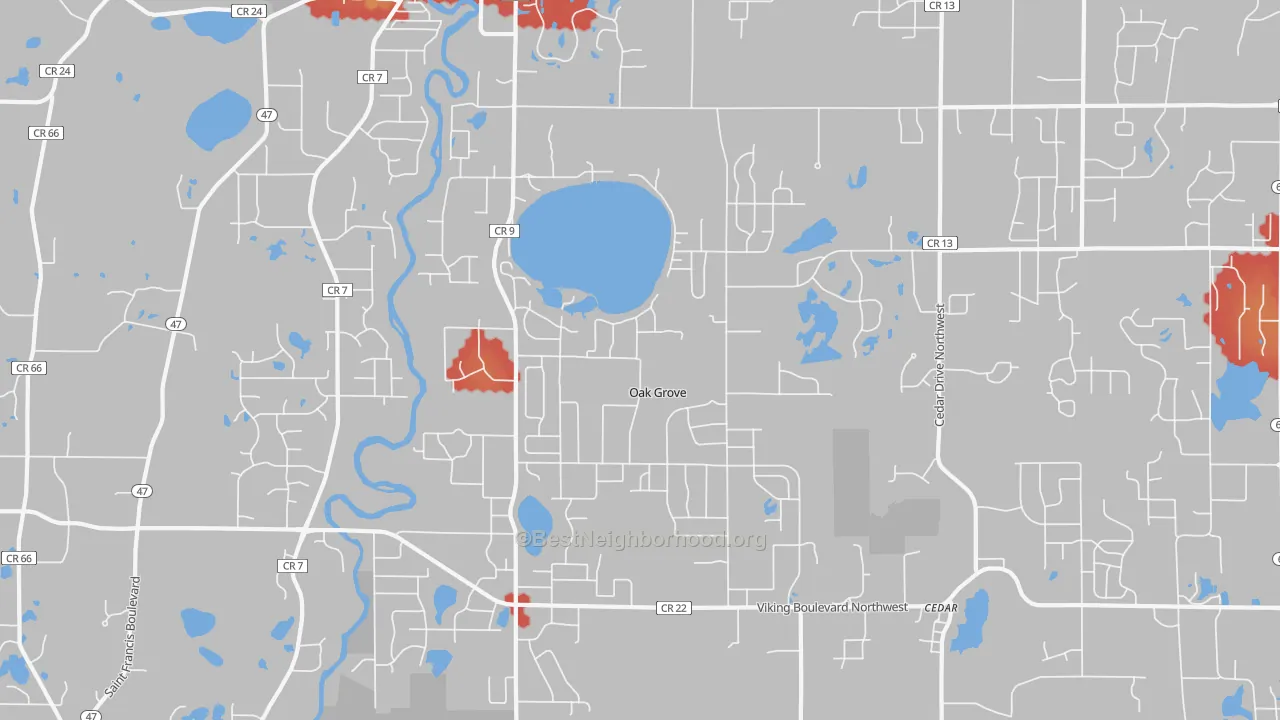 Walk Grade map of Oak Grove, MN, walkable areas in green and car-dependent areas in red