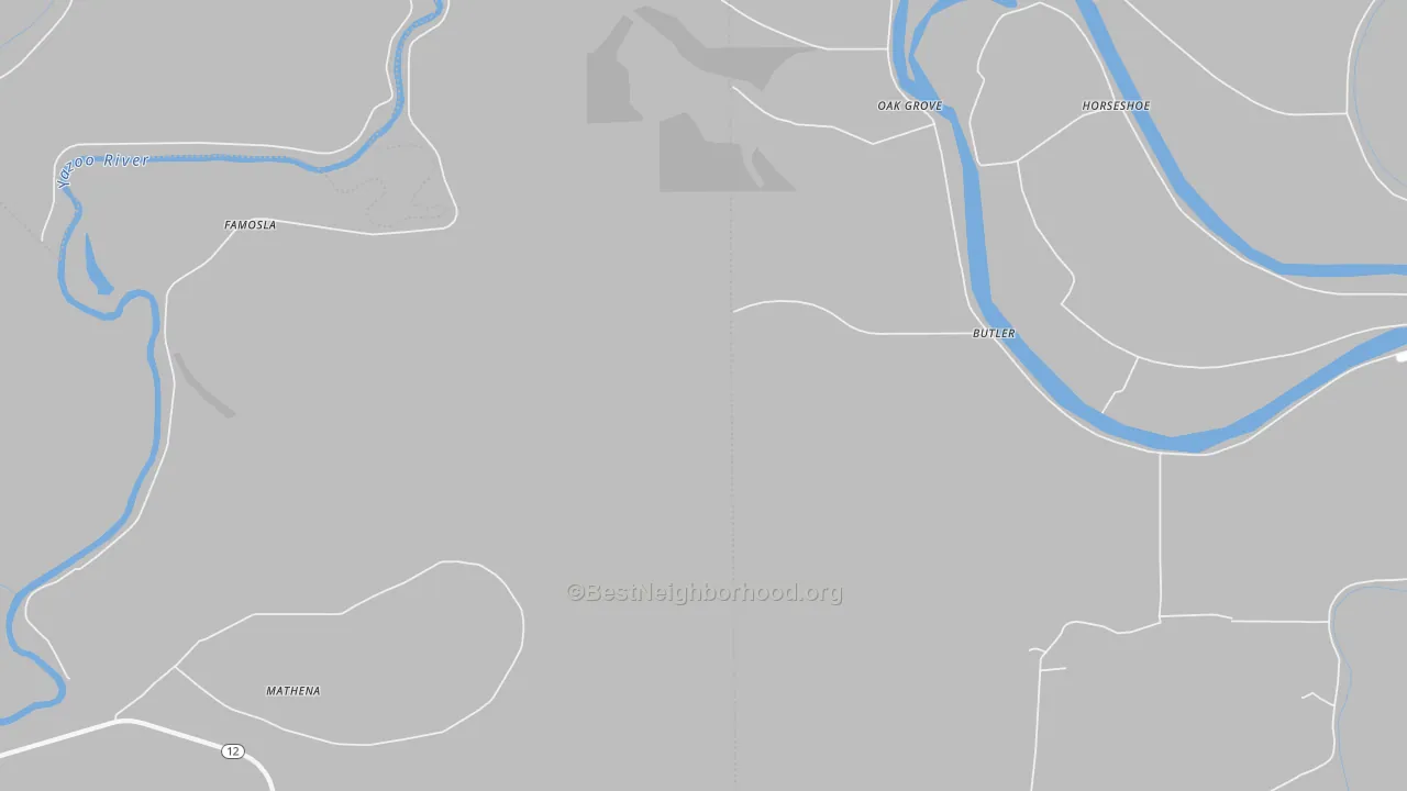 Walk Grade map of Oak Grove, MS, walkable areas in green and car-dependent areas in red