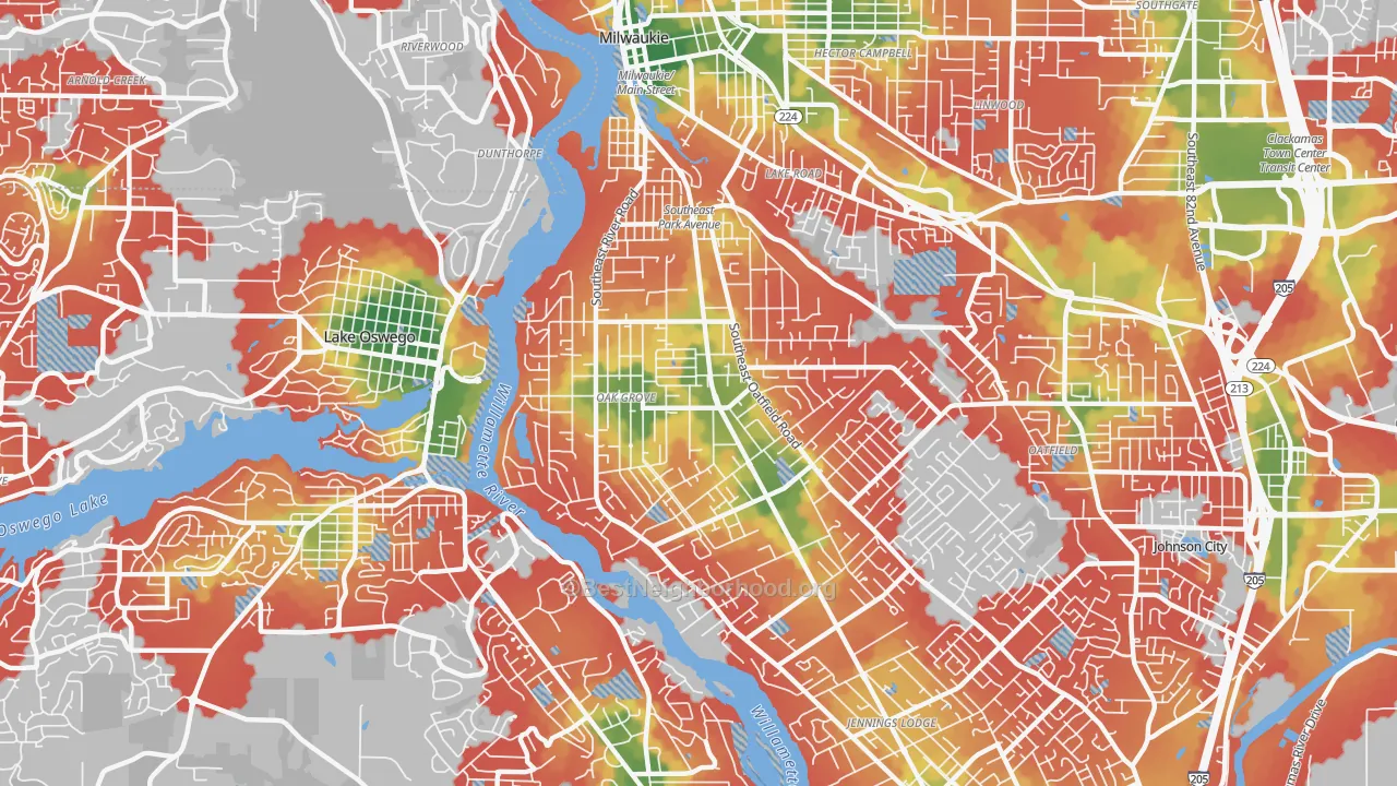 Walk Grade map of Oak Grove, OR, walkable areas in green and car-dependent areas in red