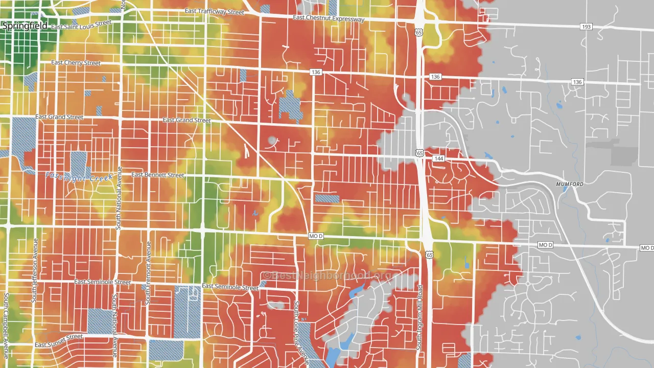 Walk Grade map of Oak Grove, Springfield, MO, walkable areas in green and car-dependent areas in red