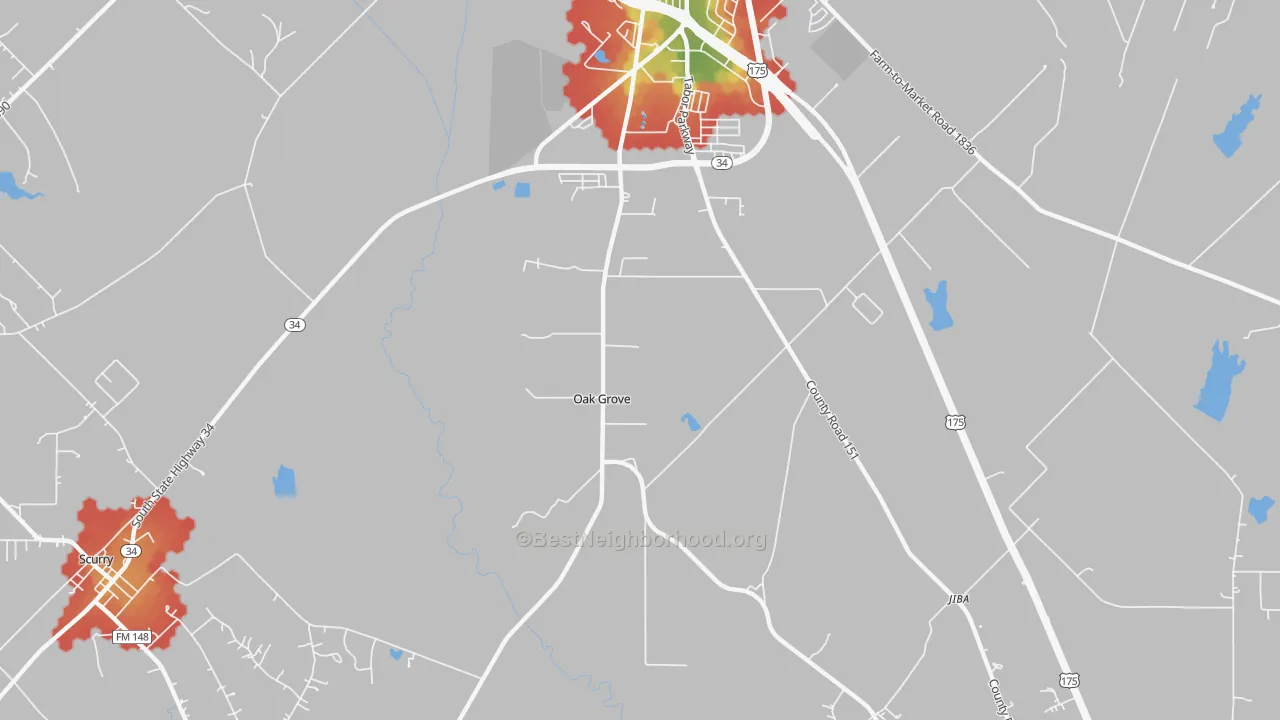 Walk Grade map of Oak Grove, TX, walkable areas in green and car-dependent areas in red