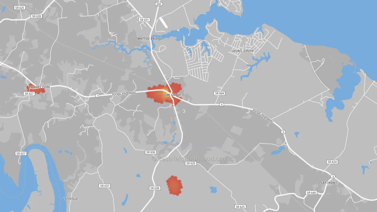 Walk Grade map of Oak Grove, VA, walkable areas in green and car-dependent areas in red