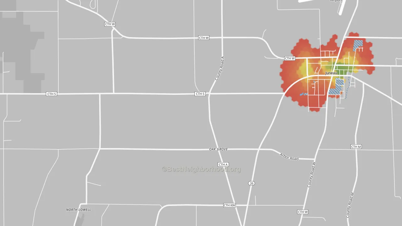 Walk Grade map of Oak Grove, WI, walkable areas in green and car-dependent areas in red
