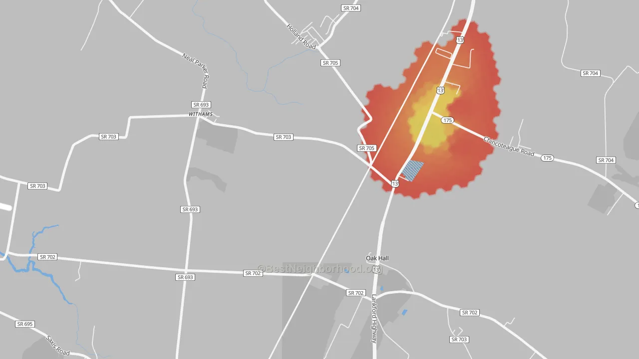 Walk Grade map of Oak Hall, VA, walkable areas in green and car-dependent areas in red