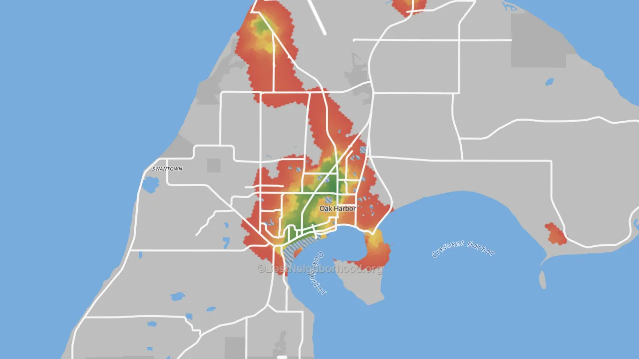 Walk Grade map of Oak Harbor, WA, walkable areas in green and car-dependent areas in red