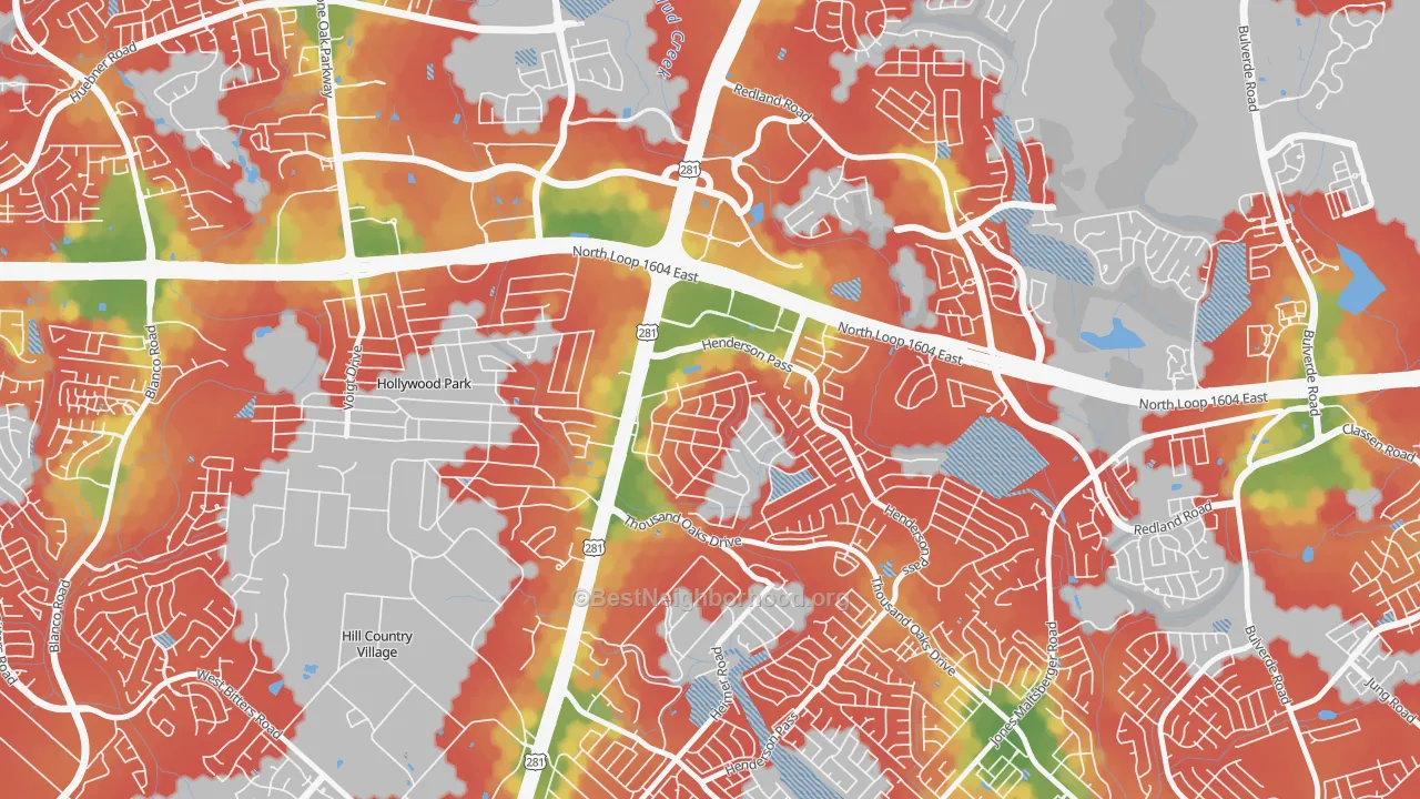 Walk Grade map of Oak Haven Heights, San Antonio, TX, walkable areas in green and car-dependent areas in red