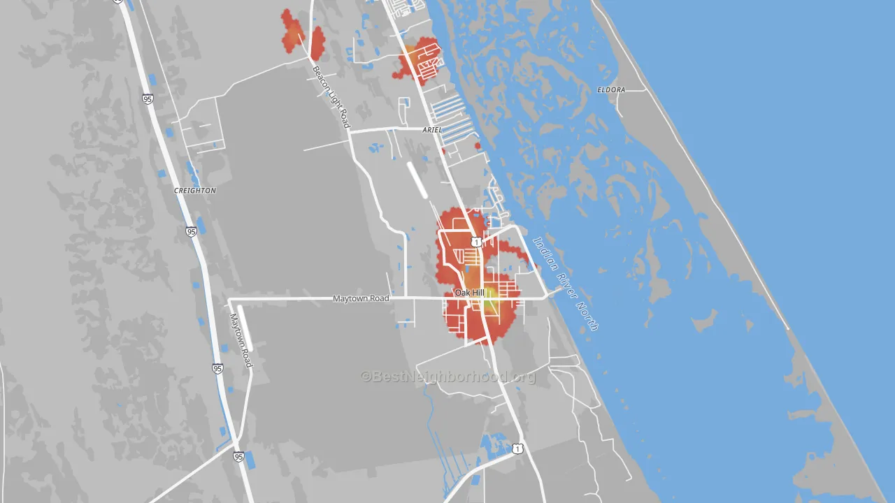 Walk Grade map of Oak Hill, FL, walkable areas in green and car-dependent areas in red
