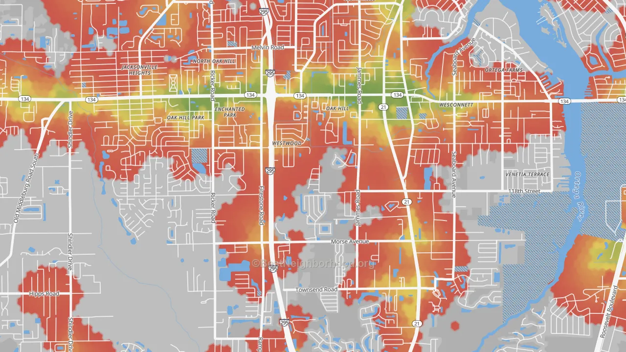 Walk Grade map of Oak Hill, Jacksonville, FL, walkable areas in green and car-dependent areas in red