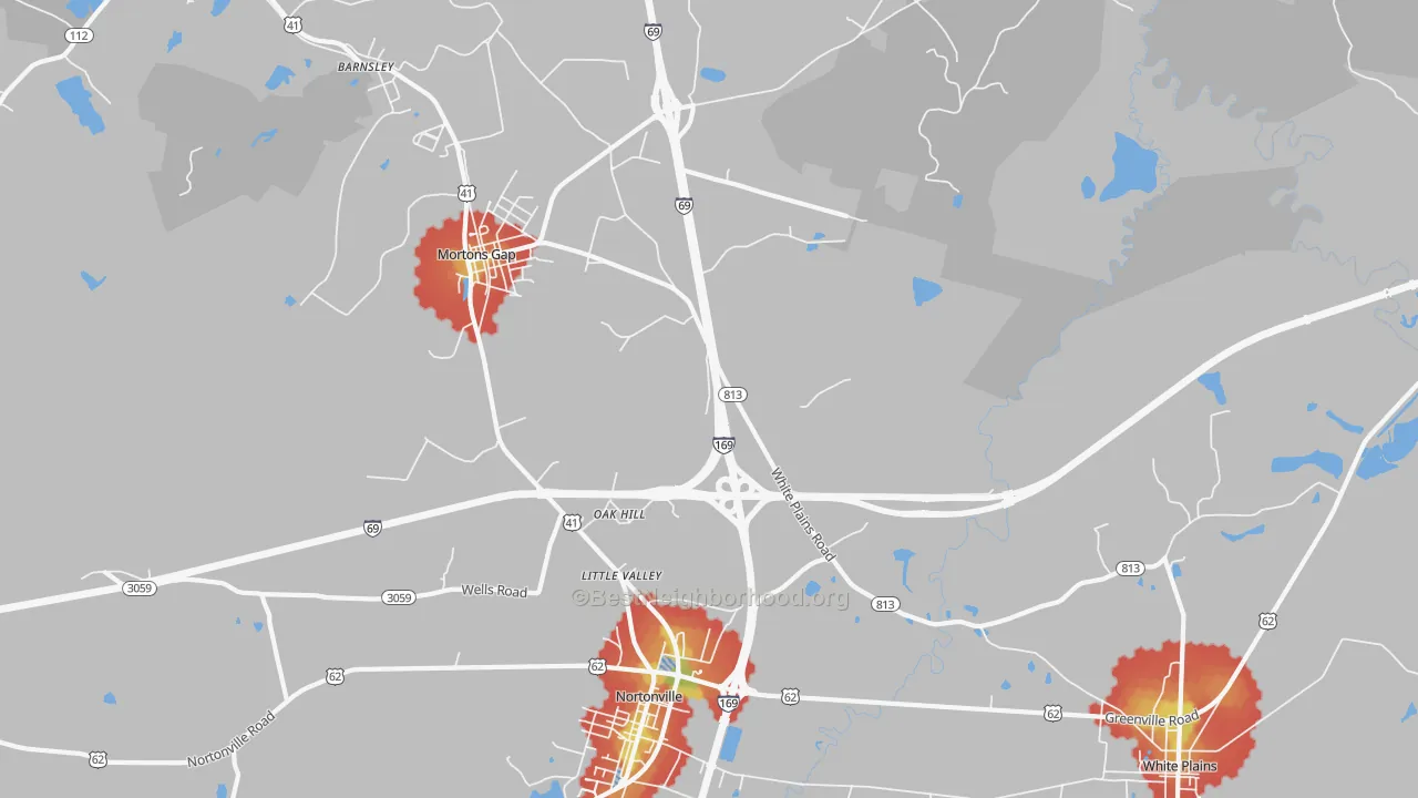 Walk Grade map of Oak Hill, KY, walkable areas in green and car-dependent areas in red