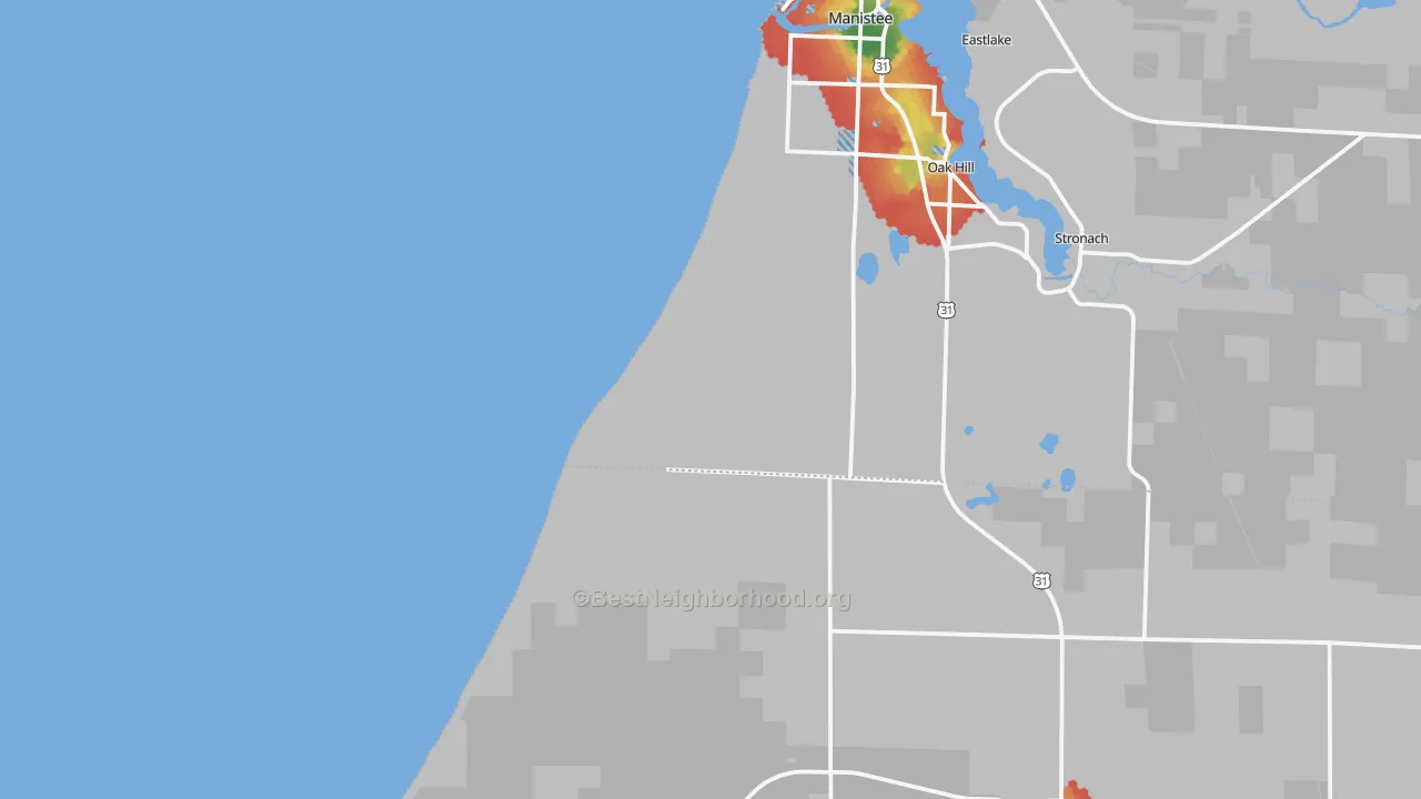 Walk Grade map of Oak Hill, MI, walkable areas in green and car-dependent areas in red