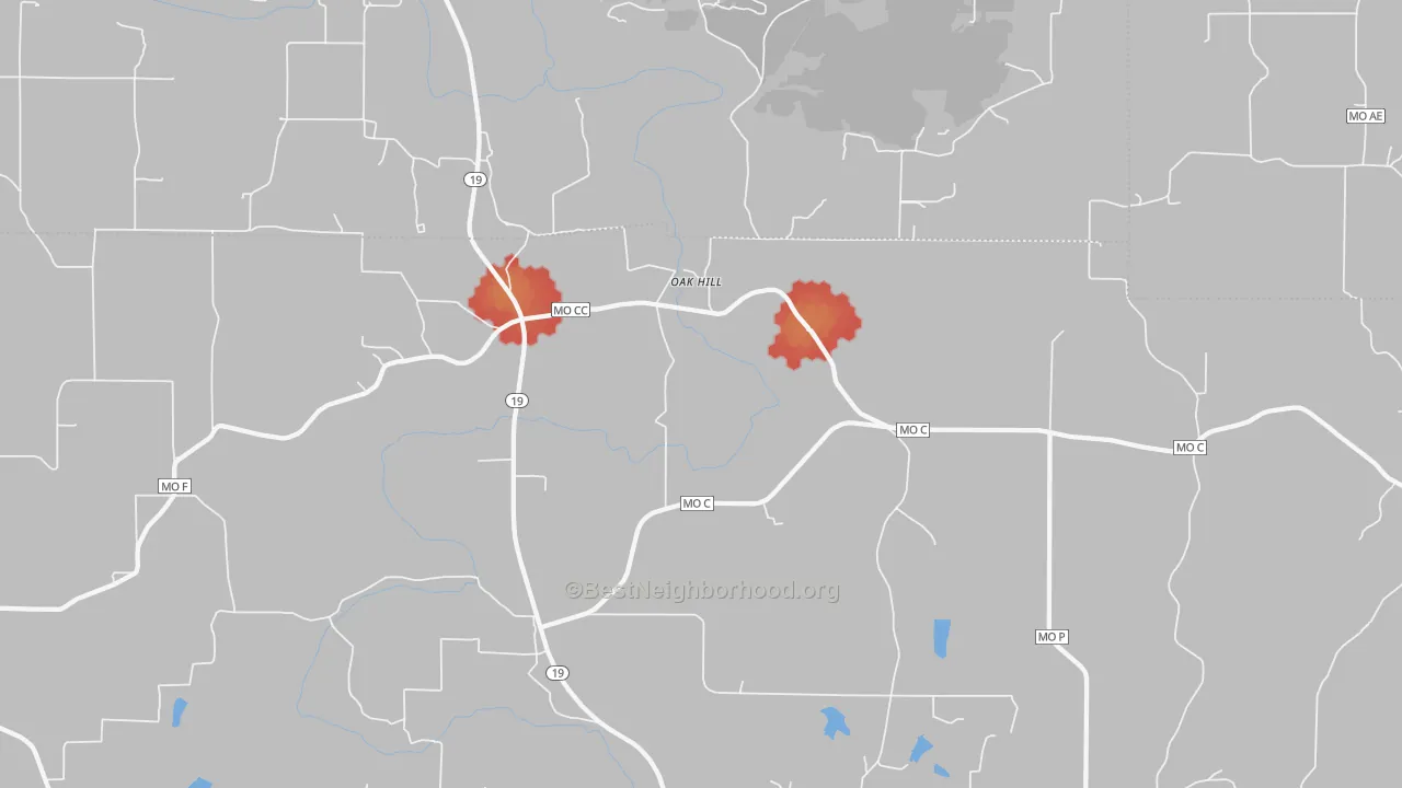 Walk Grade map of Oak Hill, MO, walkable areas in green and car-dependent areas in red