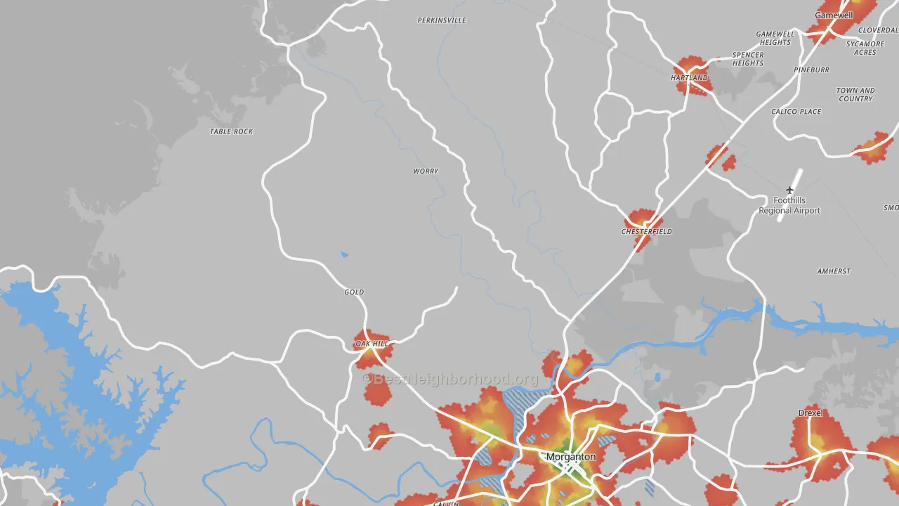 Walk Grade map of Oak Hill, NC, walkable areas in green and car-dependent areas in red