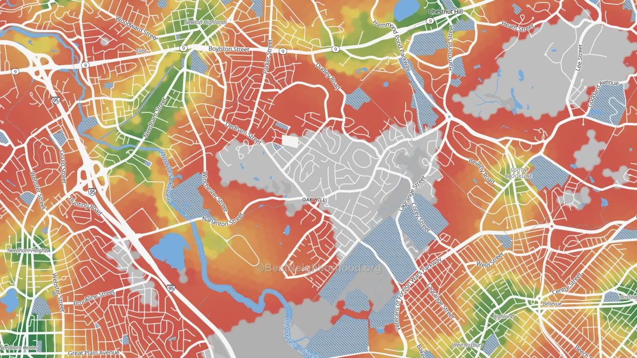 Walk Grade map of Oak Hill, Newton Center, MA, walkable areas in green and car-dependent areas in red