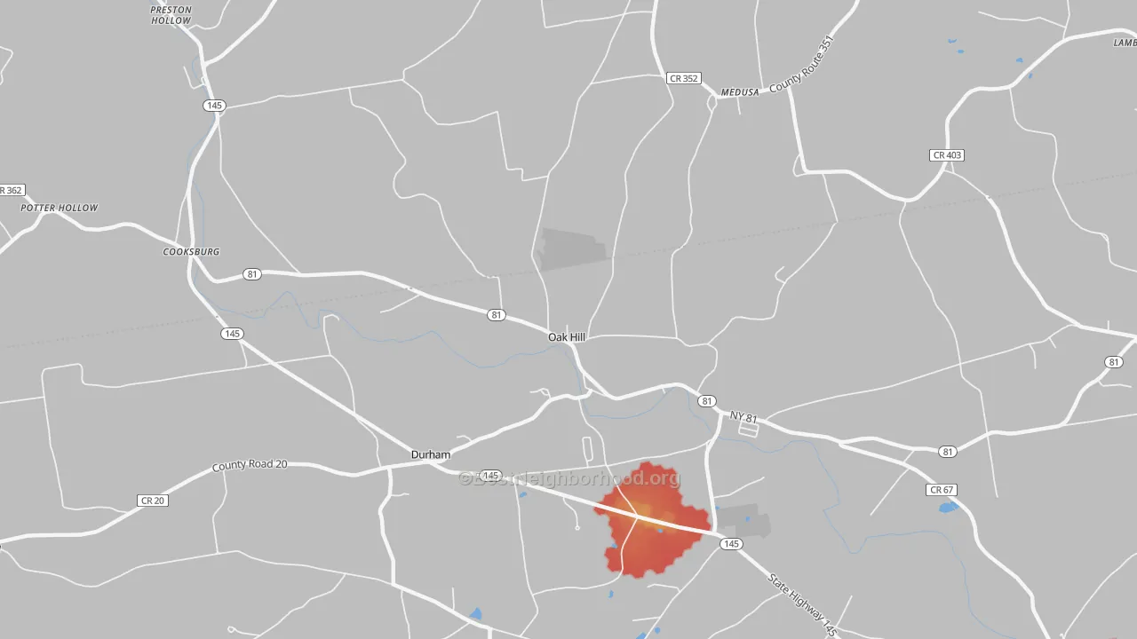 Walk Grade map of Oak Hill, NY, walkable areas in green and car-dependent areas in red