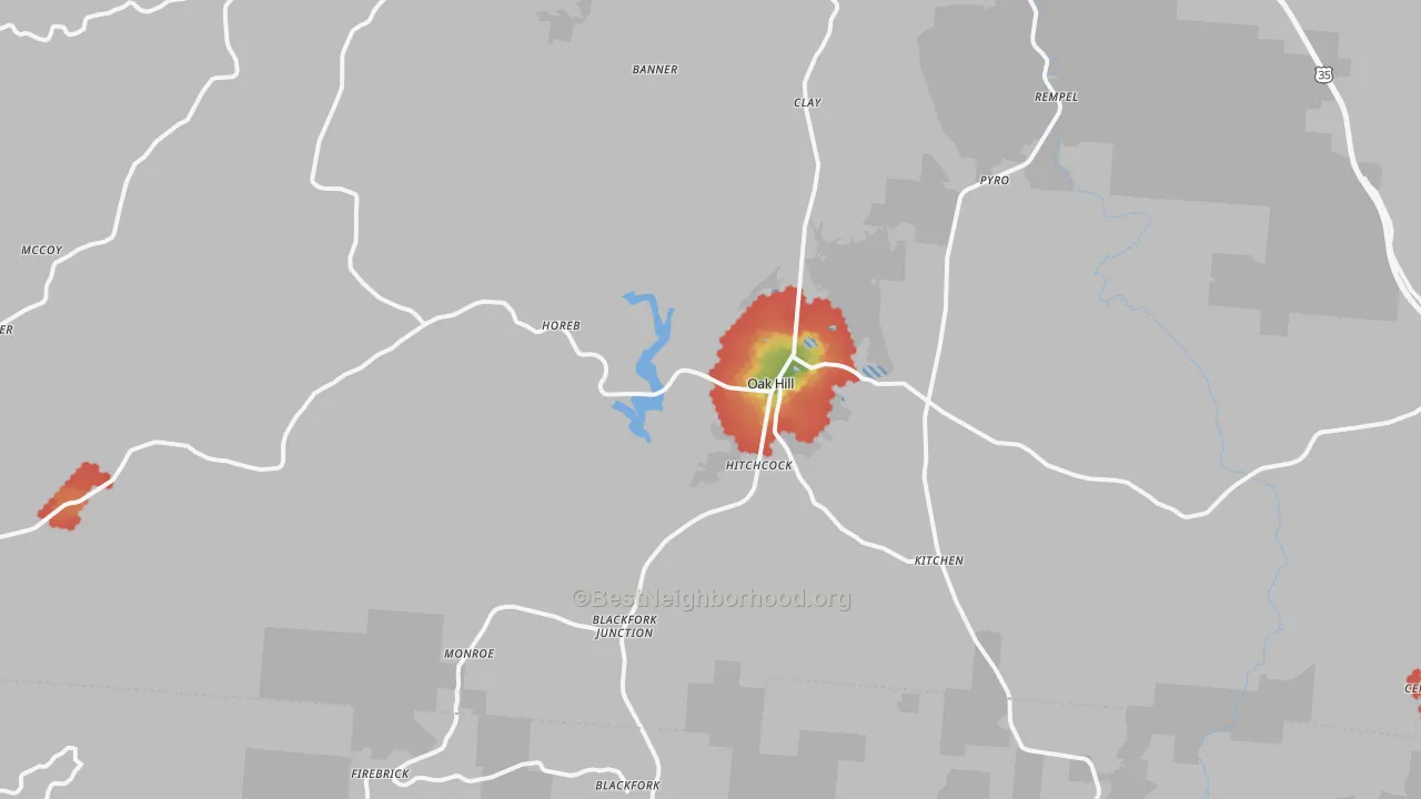 Walk Grade map of Oak Hill, OH, walkable areas in green and car-dependent areas in red