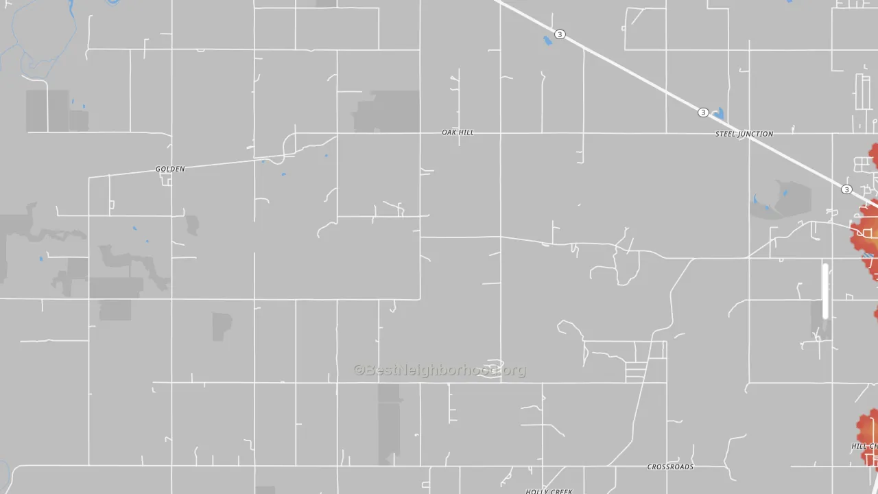 Walk Grade map of Oak Hill, OK, walkable areas in green and car-dependent areas in red
