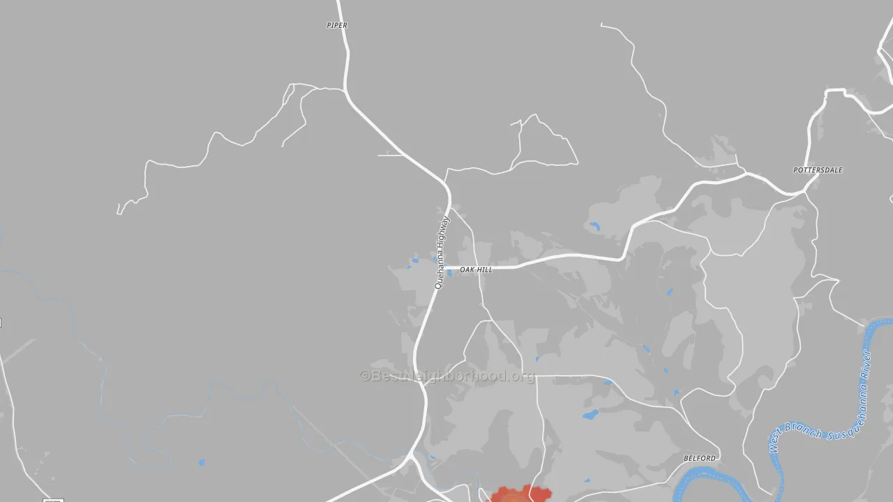 Walk Grade map of Oak Hill, PA, walkable areas in green and car-dependent areas in red
