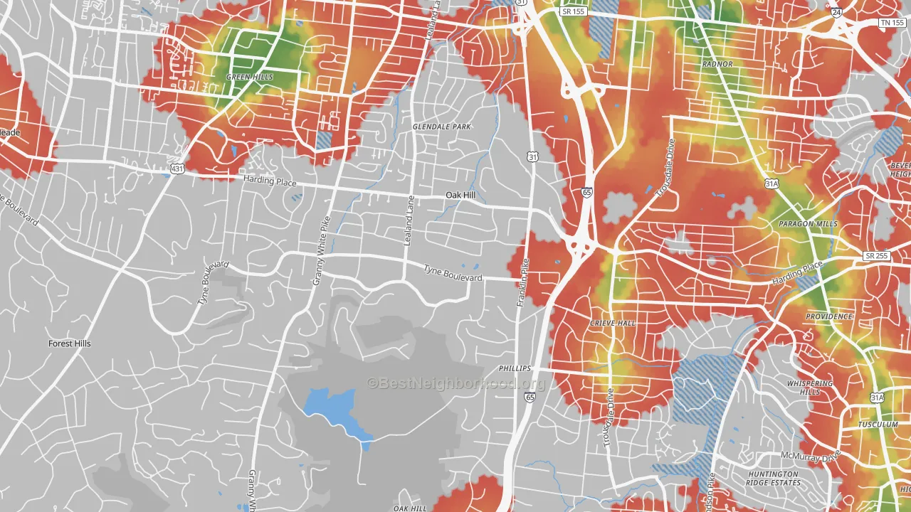 Walk Grade map of Oak Hill, TN, walkable areas in green and car-dependent areas in red