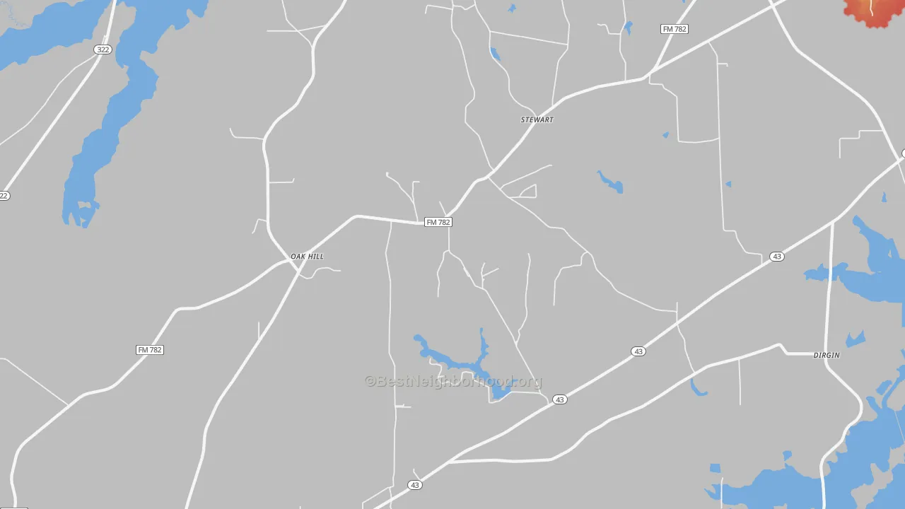 Walk Grade map of Oak Hill, TX, walkable areas in green and car-dependent areas in red
