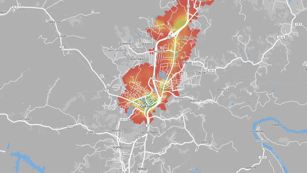 Walk Grade map of Oak Hill, WV, walkable areas in green and car-dependent areas in red