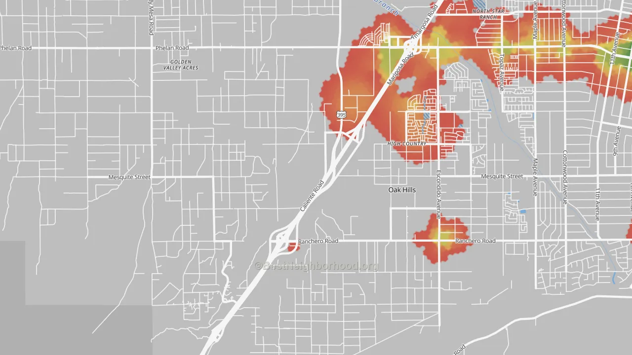 Walk Grade map of Oak Hills, CA, walkable areas in green and car-dependent areas in red