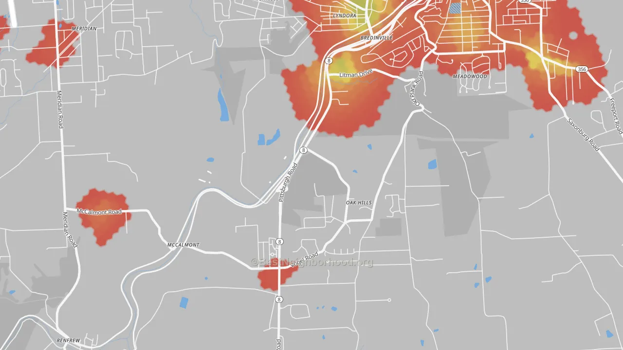 Walk Grade map of Oak Hills, PA, walkable areas in green and car-dependent areas in red