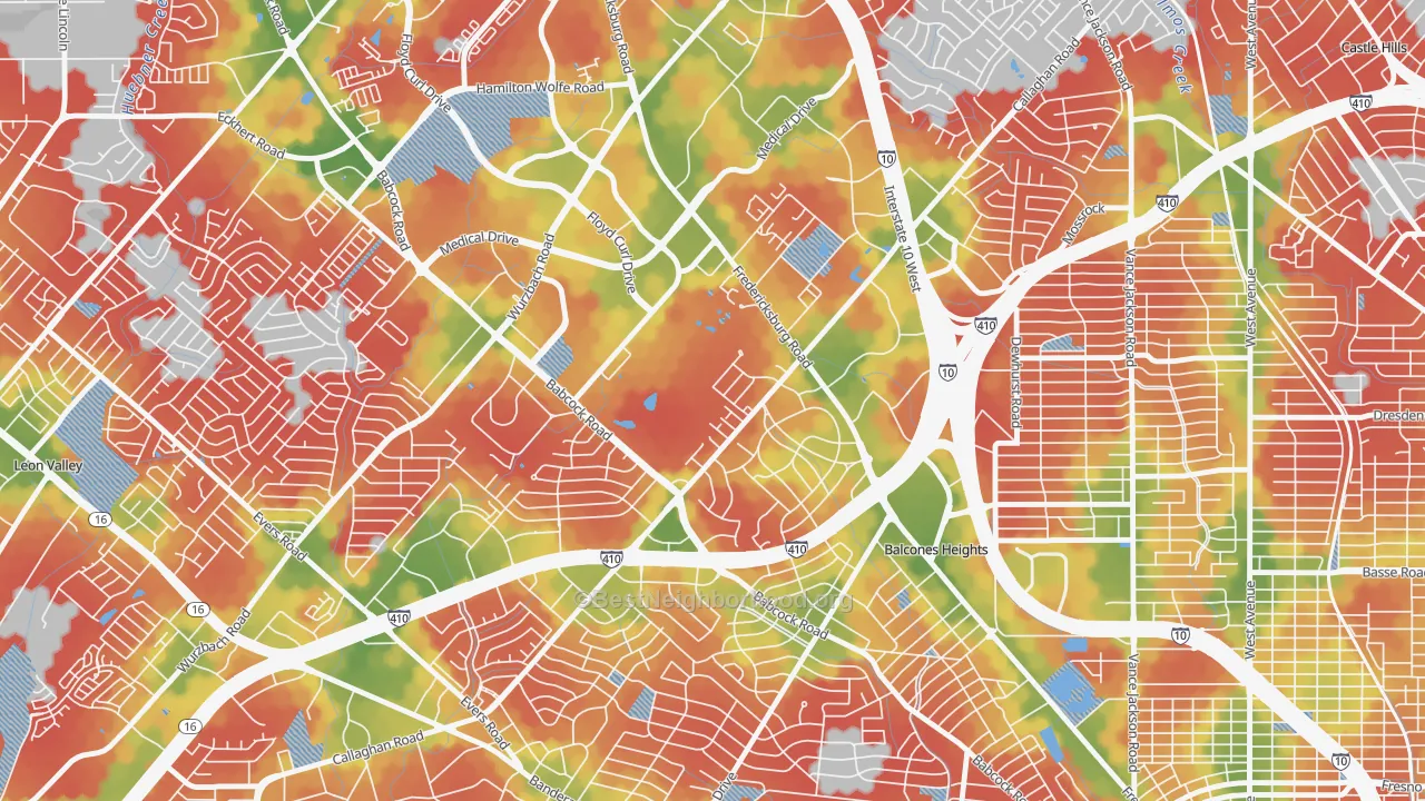 Walk Grade map of Oak Hills, San Antonio, TX, walkable areas in green and car-dependent areas in red