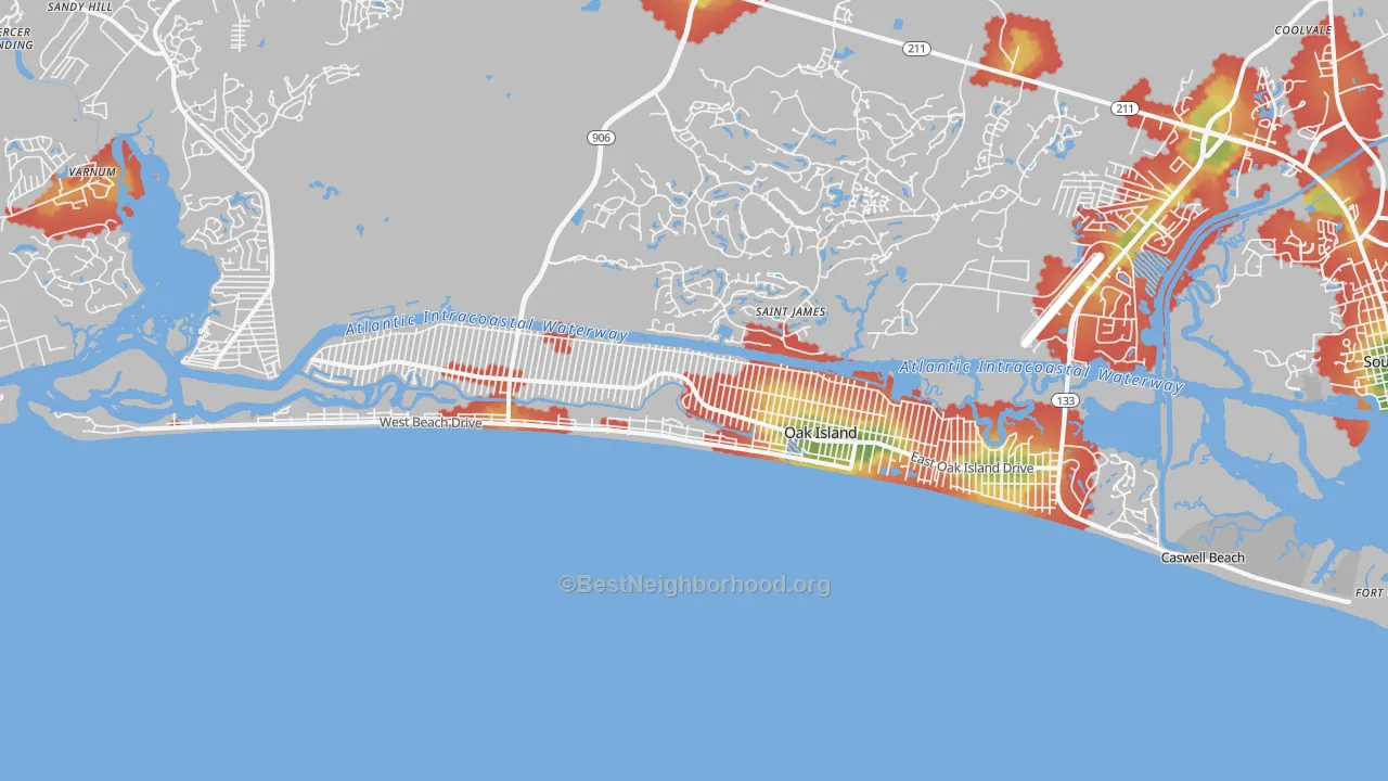 Walk Grade map of Oak Island, NC, walkable areas in green and car-dependent areas in red