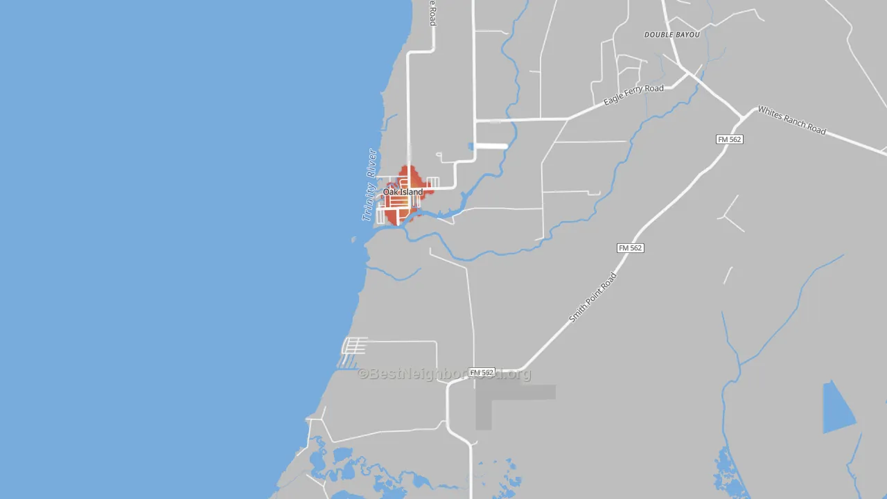 Walk Grade map of Oak Island, TX, walkable areas in green and car-dependent areas in red