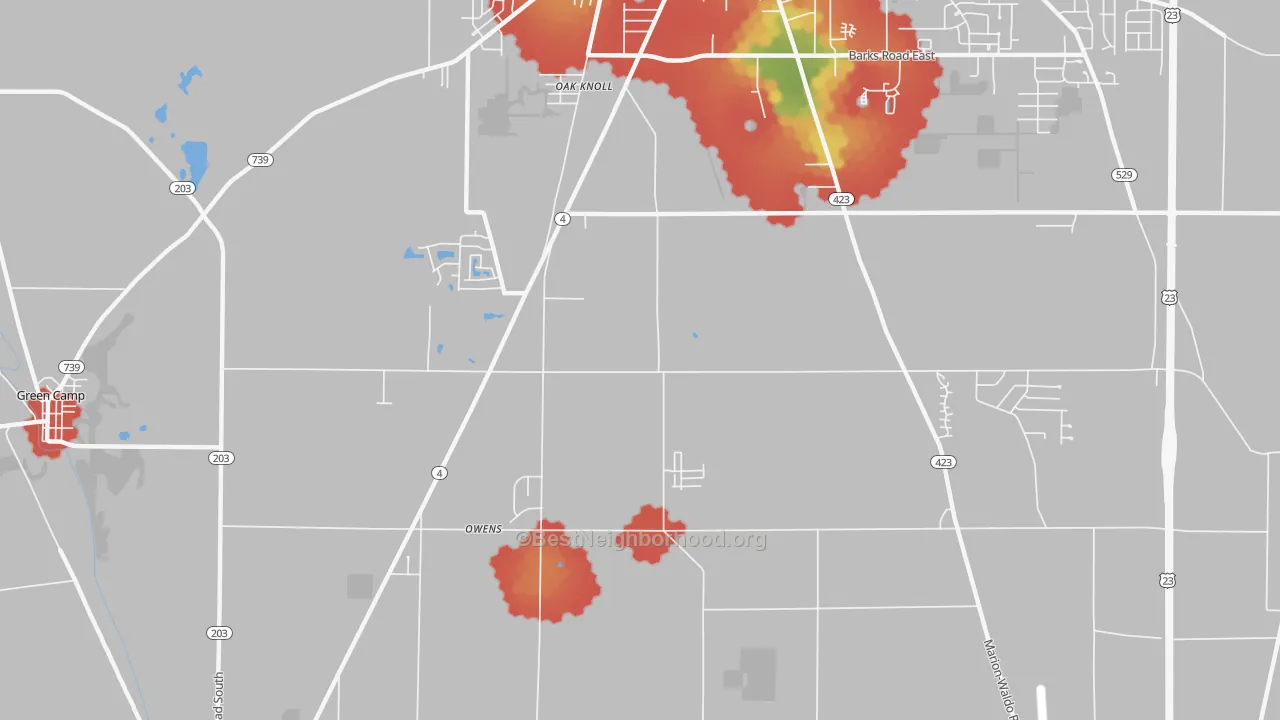 Walk Grade map of Oak Knoll, OH, walkable areas in green and car-dependent areas in red