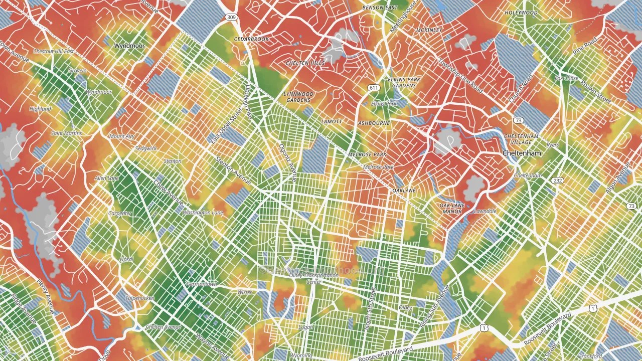 Walk Grade map of Oak Lane, Philadelphia, PA, walkable areas in green and car-dependent areas in red