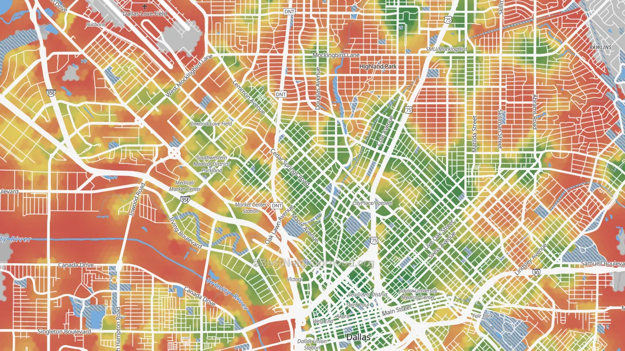 Walk Grade map of Oak Lawn, Dallas, TX, walkable areas in green and car-dependent areas in red