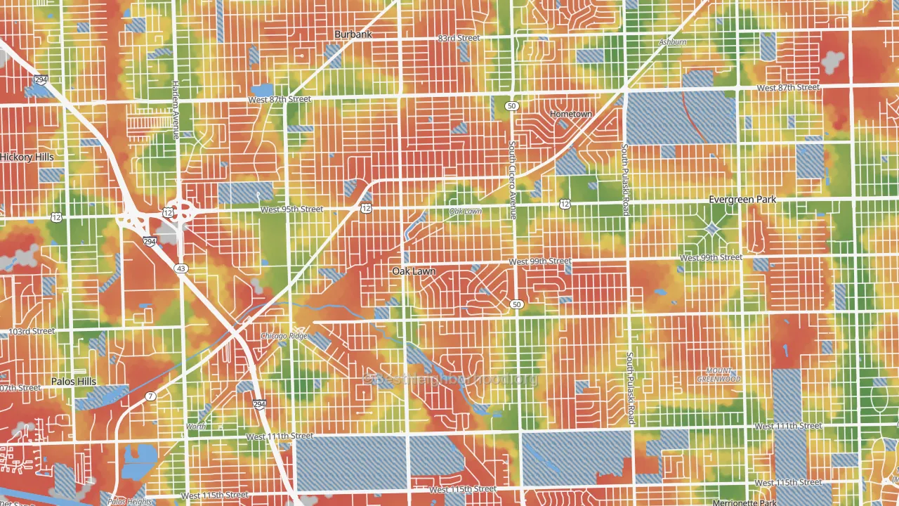 Walk Grade map of Oak Lawn, IL, walkable areas in green and car-dependent areas in red