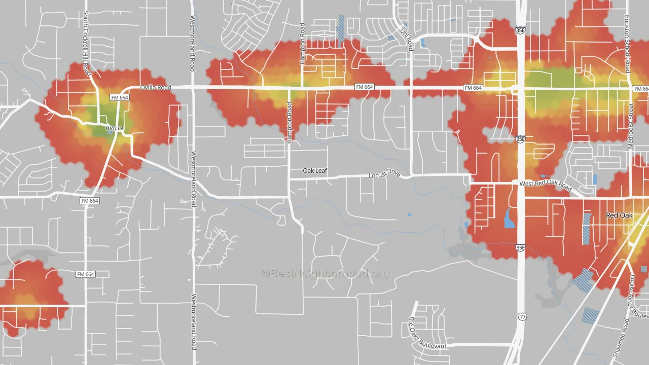 Walk Grade map of Oak Leaf, TX, walkable areas in green and car-dependent areas in red