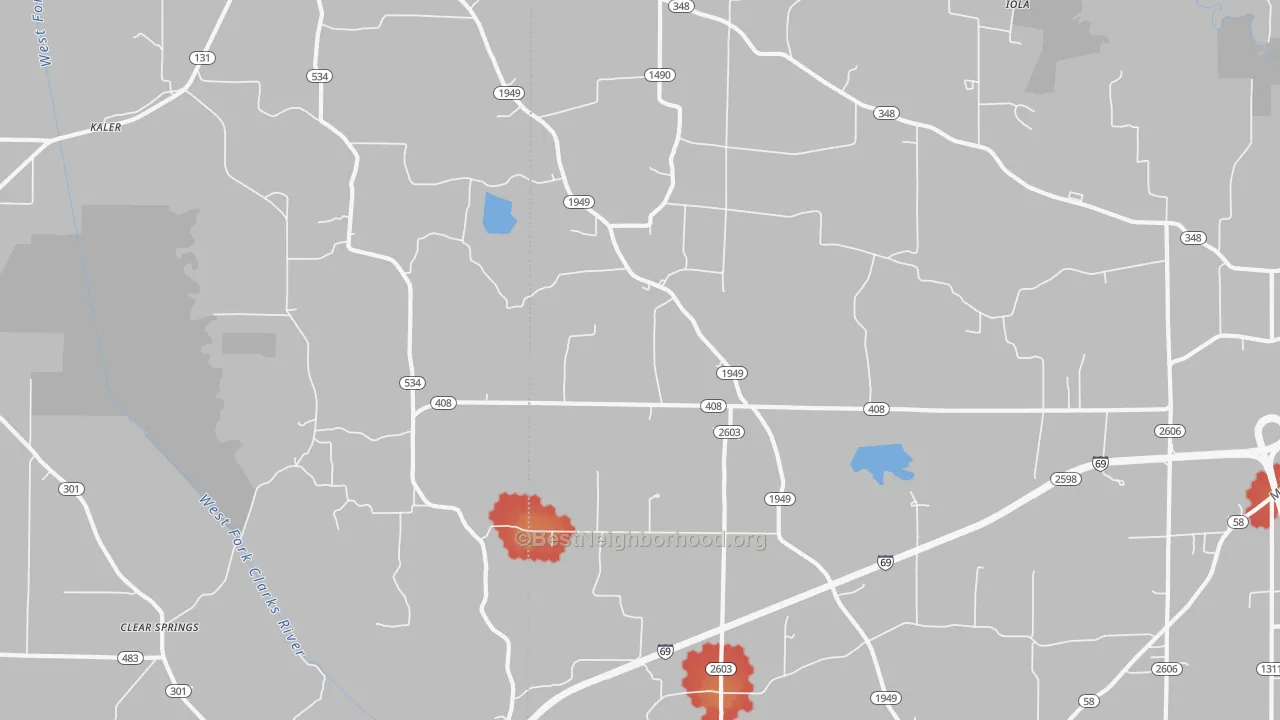 Walk Grade map of Oak Level, KY, walkable areas in green and car-dependent areas in red