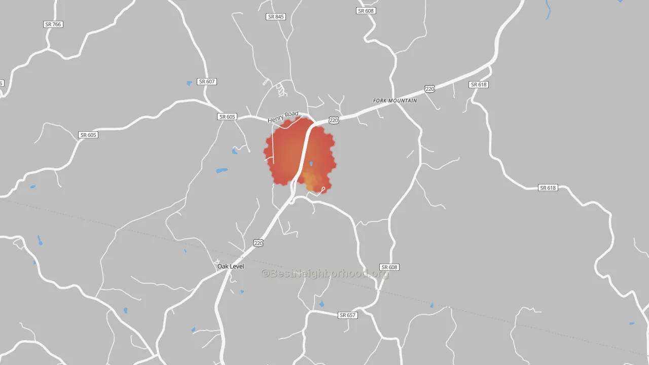 Walk Grade map of Oak Level, VA, walkable areas in green and car-dependent areas in red