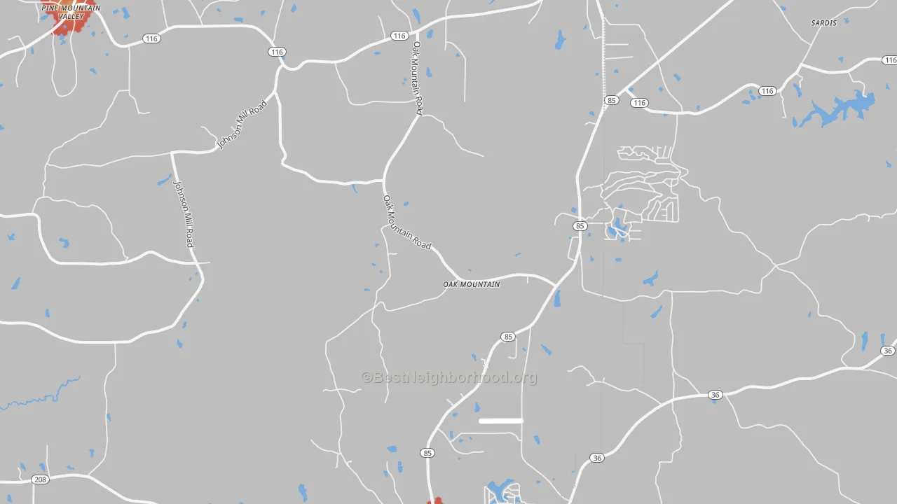 Walk Grade map of Oak Mountain, GA, walkable areas in green and car-dependent areas in red