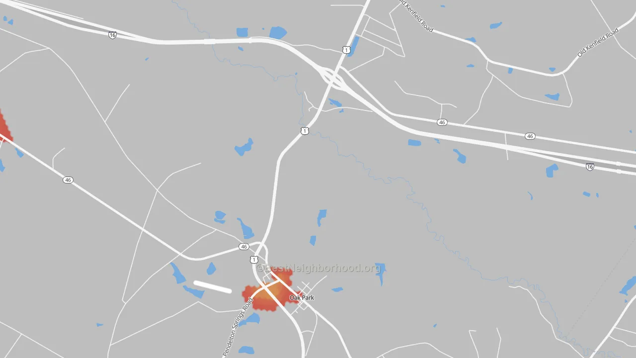 Walk Grade map of Oak Park, GA, walkable areas in green and car-dependent areas in red