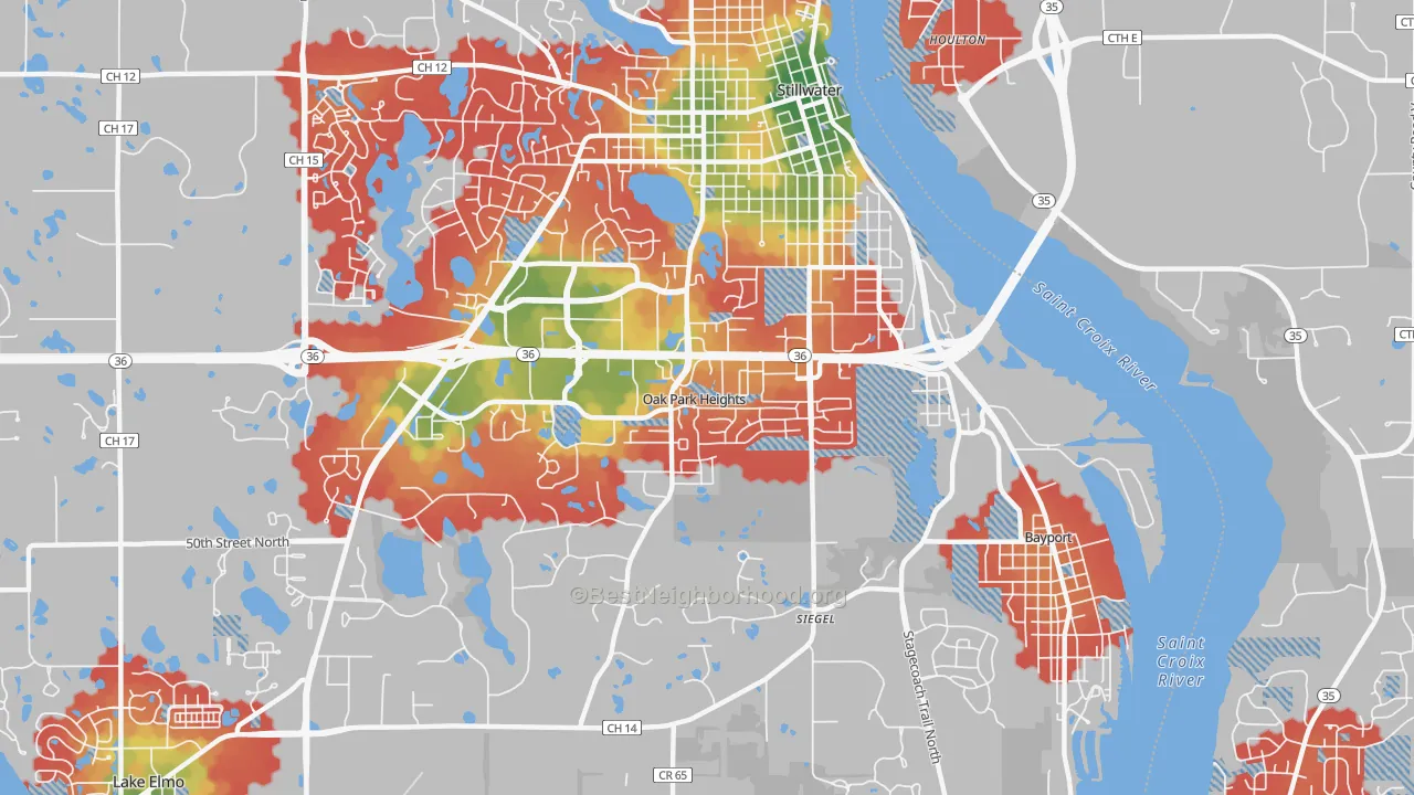 Walk Grade map of Oak Park Heights, MN, walkable areas in green and car-dependent areas in red