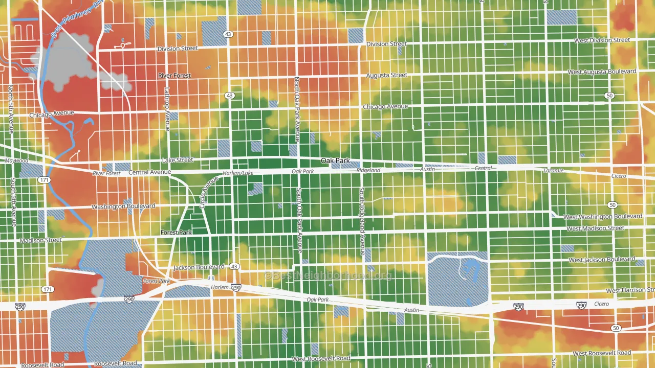 Walk Grade map of Oak Park, IL, walkable areas in green and car-dependent areas in red