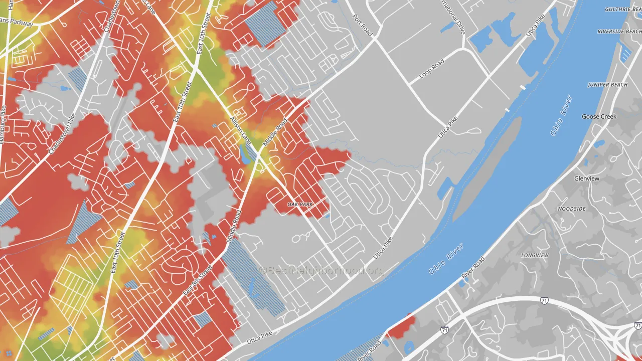 Walk Grade map of Oak Park, Jeffersonville, IN, walkable areas in green and car-dependent areas in red