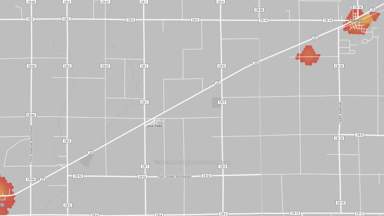 Walk Grade map of Oak Park, MN, walkable areas in green and car-dependent areas in red