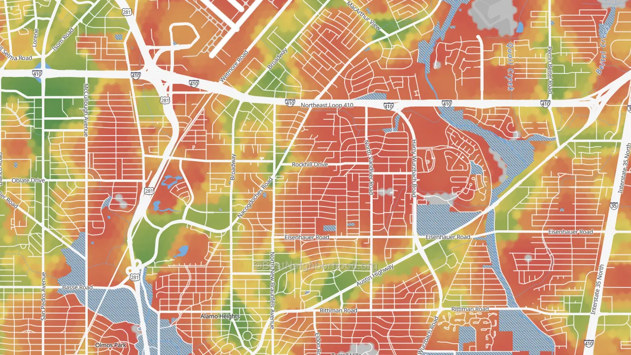 Walk Grade map of Oak Park-Northwood, San Antonio, TX, walkable areas in green and car-dependent areas in red