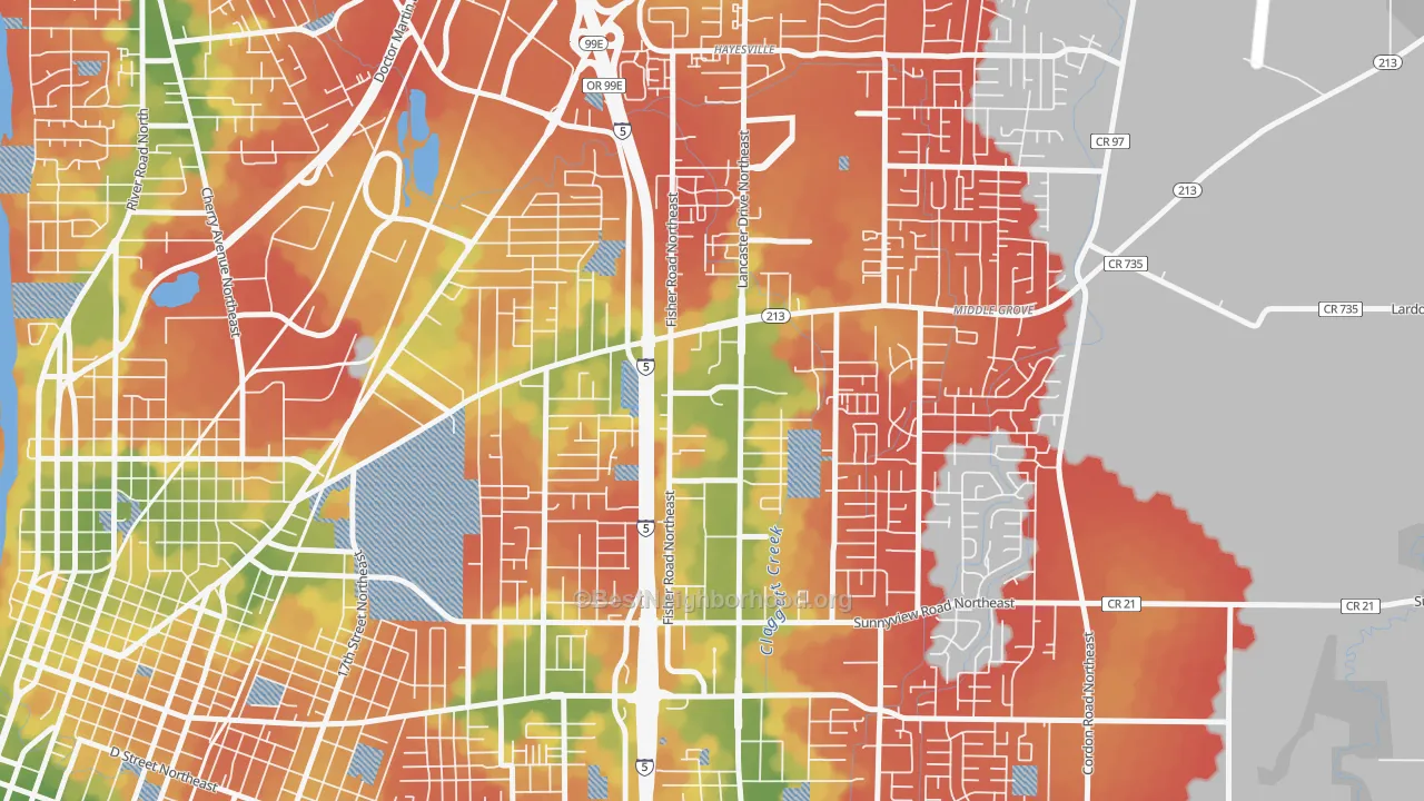 Walk Grade map of Oak Park, Salem, OR, walkable areas in green and car-dependent areas in red