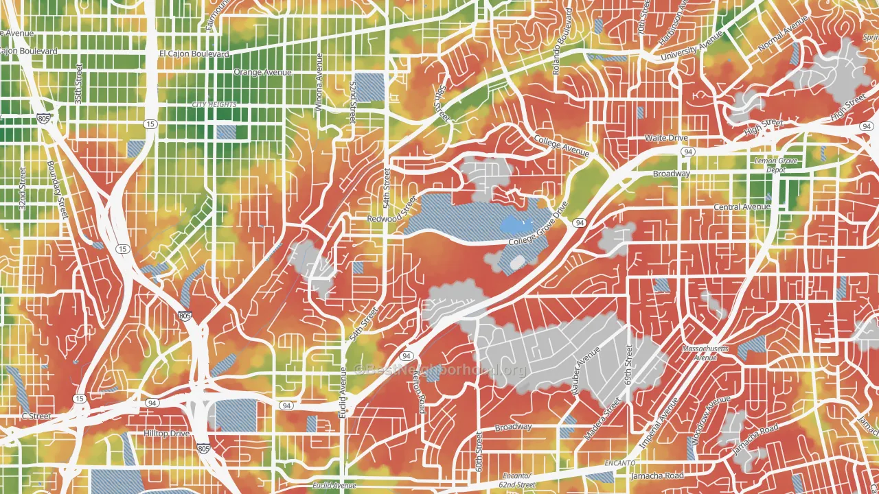 Walk Grade map of Oak Park, San Diego, CA, walkable areas in green and car-dependent areas in red